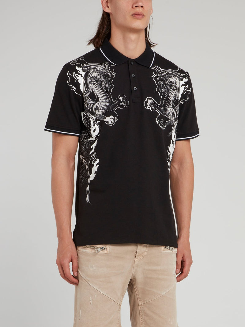 Black Dragon Print Polo Shirt