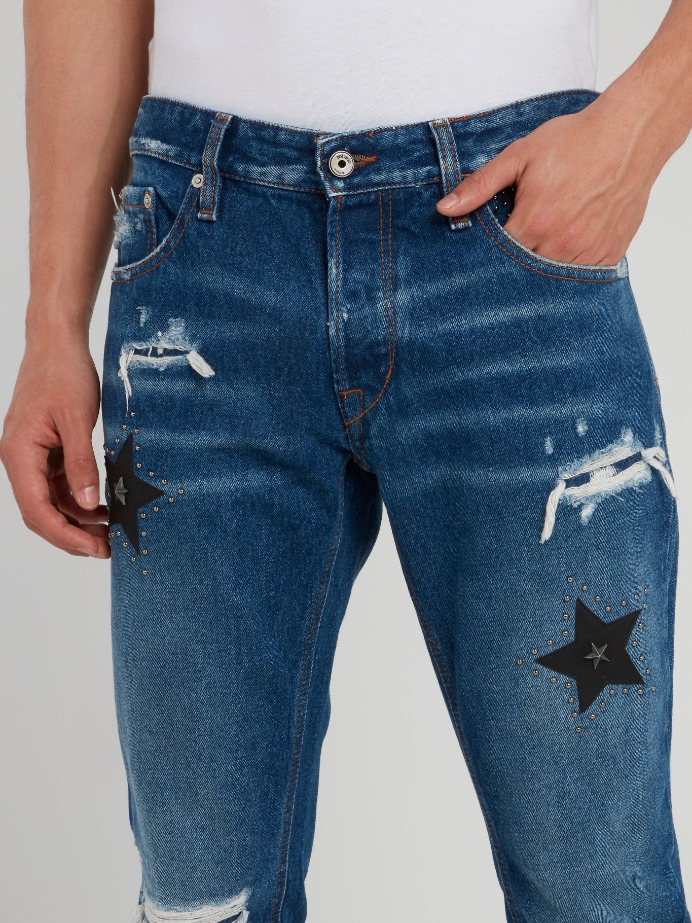 Blue Distressed Studded Jeans