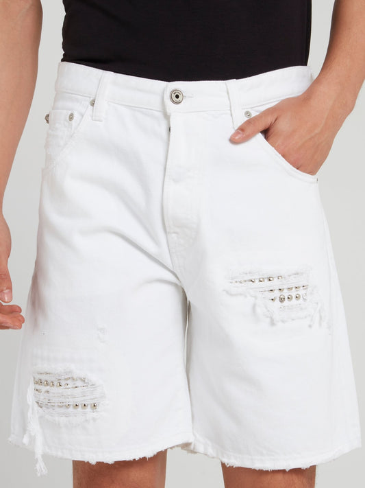 White Embellished Distressed Shorts