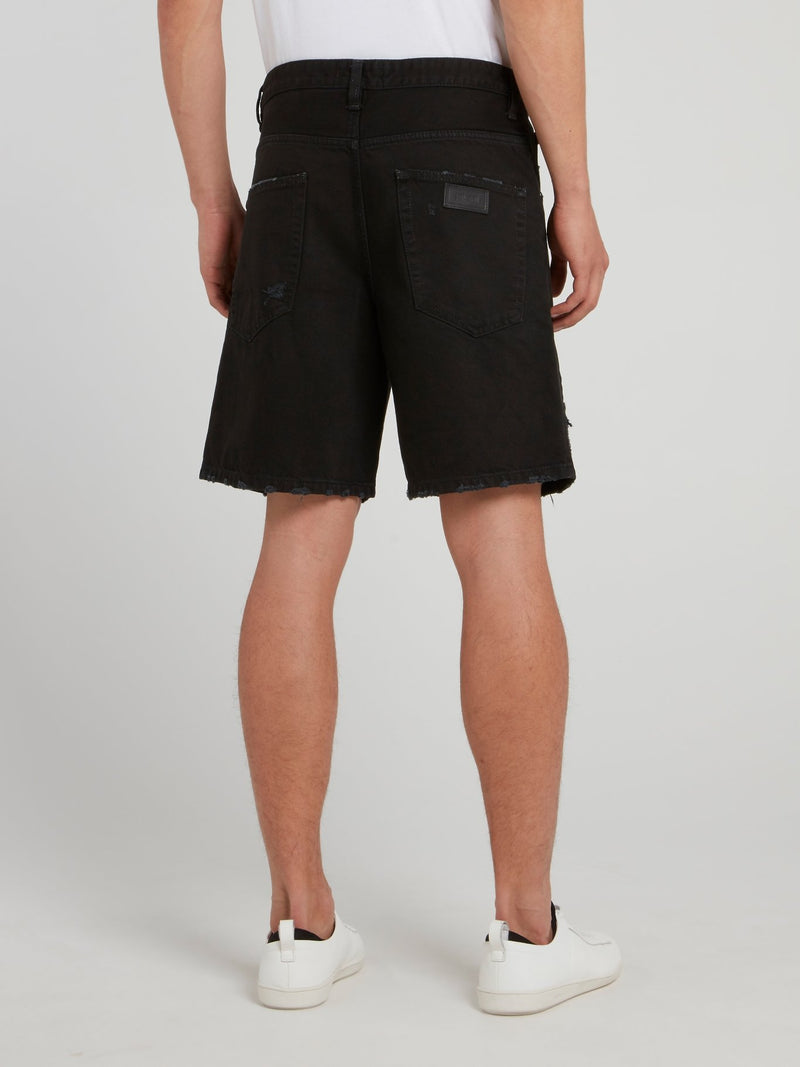 Black Embellished Distressed Shorts