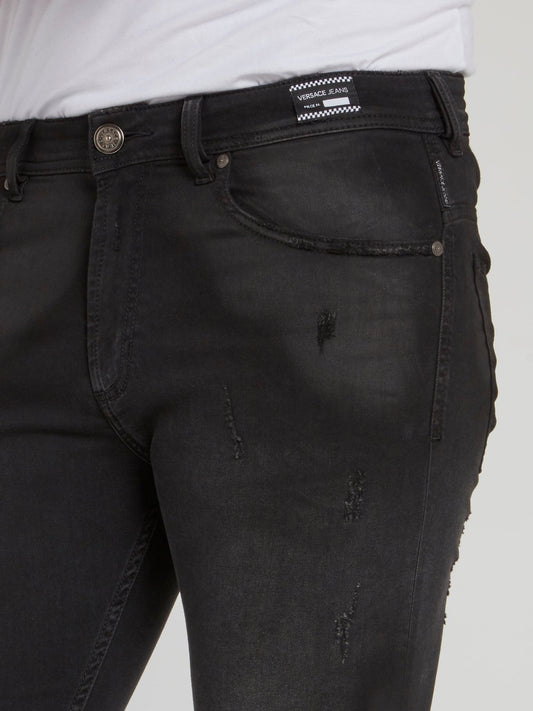 Black Distressed Denim Stretch Jeans