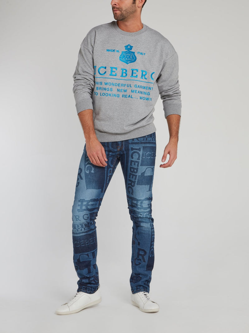 Grey with Blue Logo Embroidered Sweatshirt