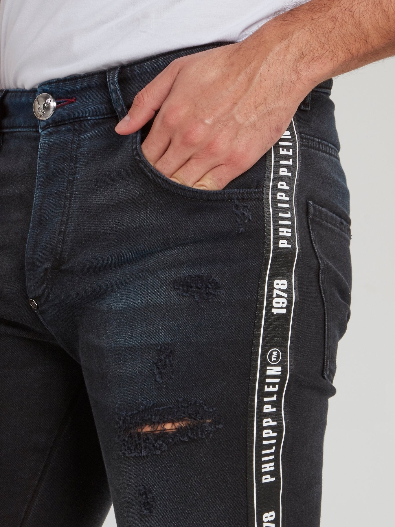 Black Logo Tape Distressed Jeans