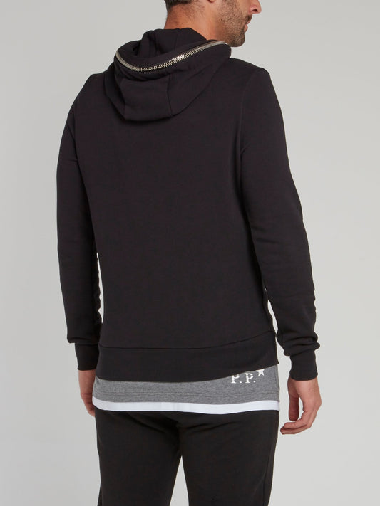 Black Zipper Embellished Logo Hoodie