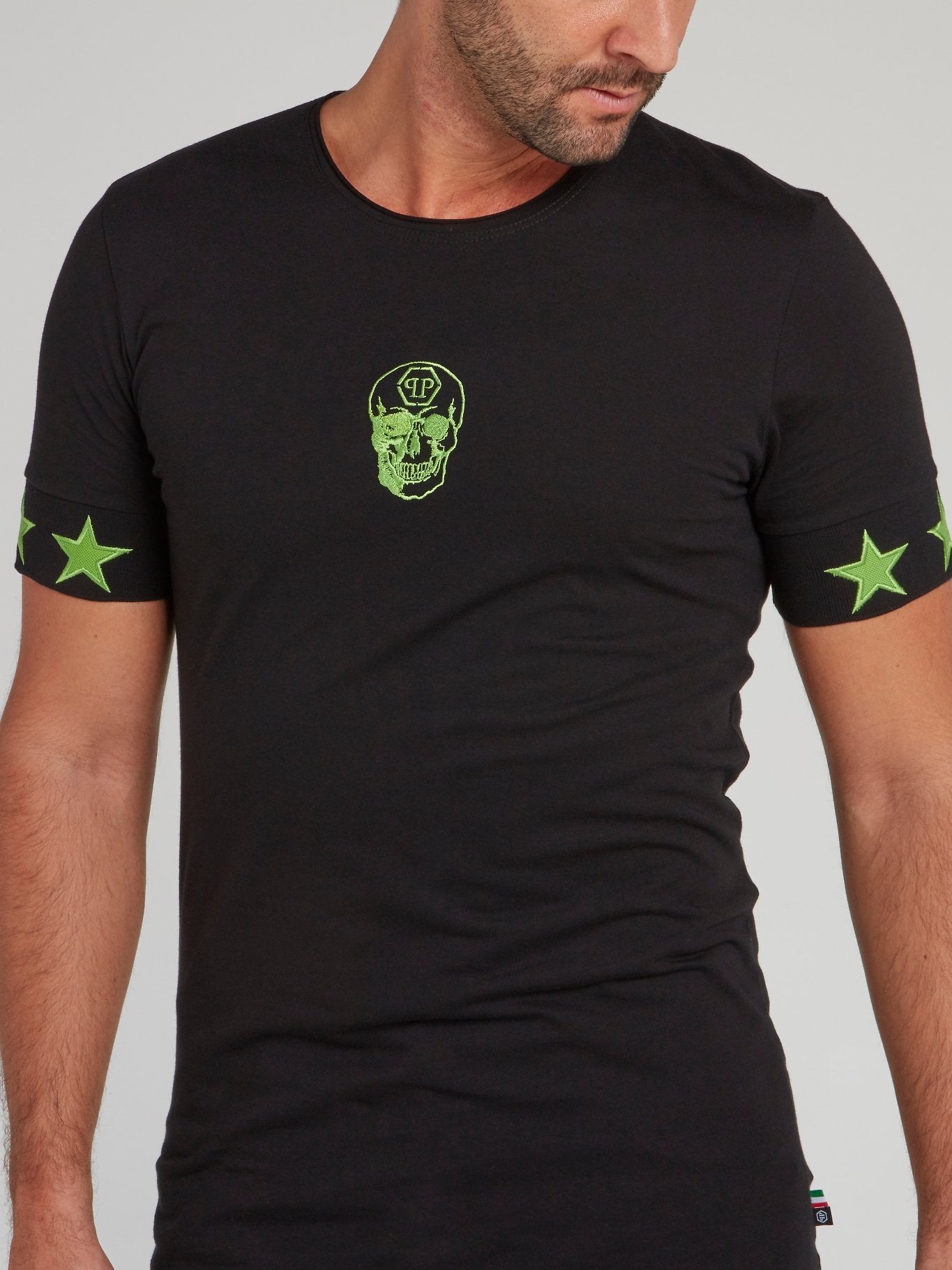 Black with Green Stars Skull T-Shirt
