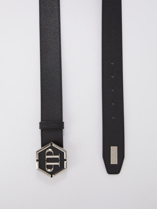 Черный кожаный ремень с логотипом
