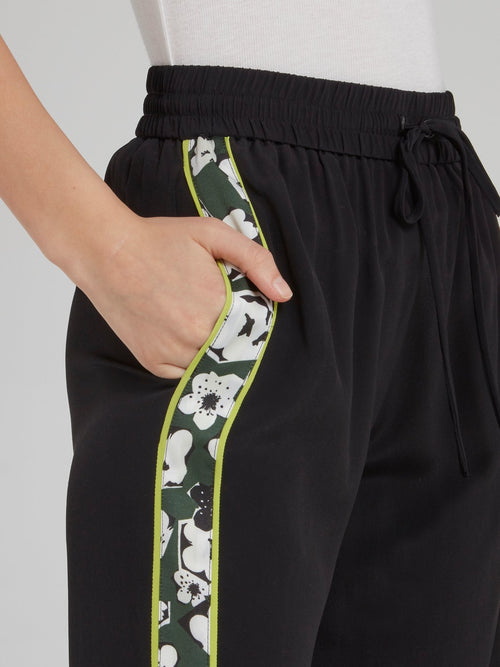 Black Floral Side Stripe Trapeze Pants