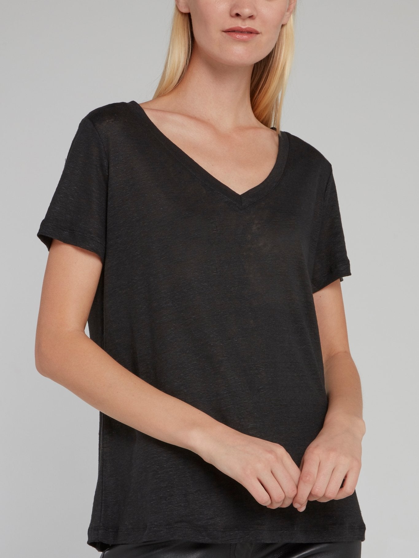 Black V-Neck Linen T-Shirt