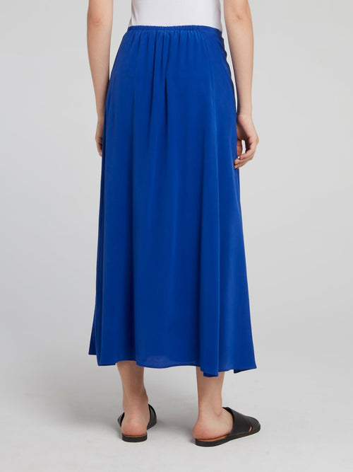 Blue Gathered Midi Skirt