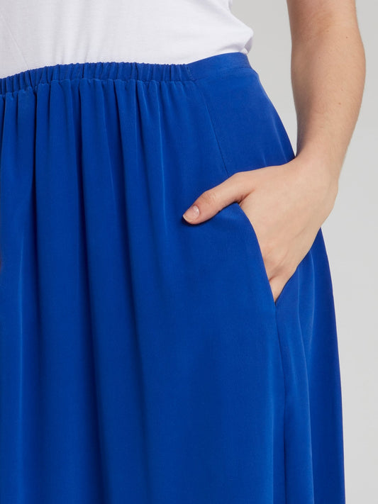 Blue Gathered Midi Skirt