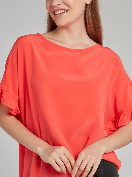 Coral Frill Sleeve Silk Top