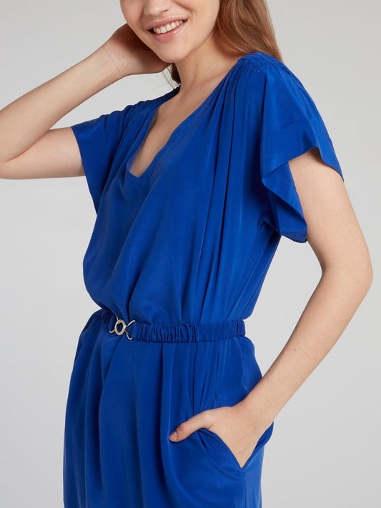 Ярко-синее шелковое платье с поясом