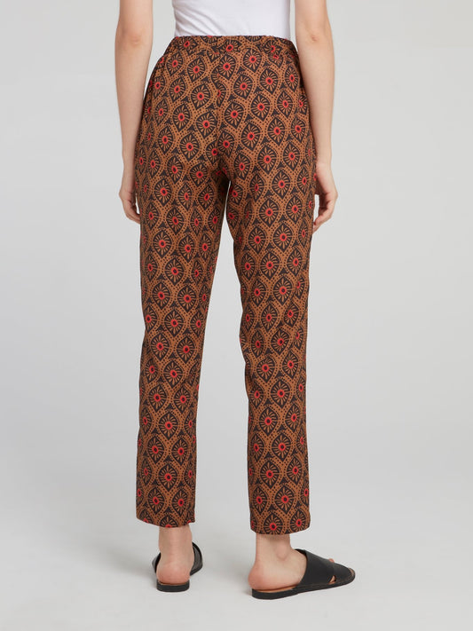 Brown Pattern Cropped Tapered Pants
