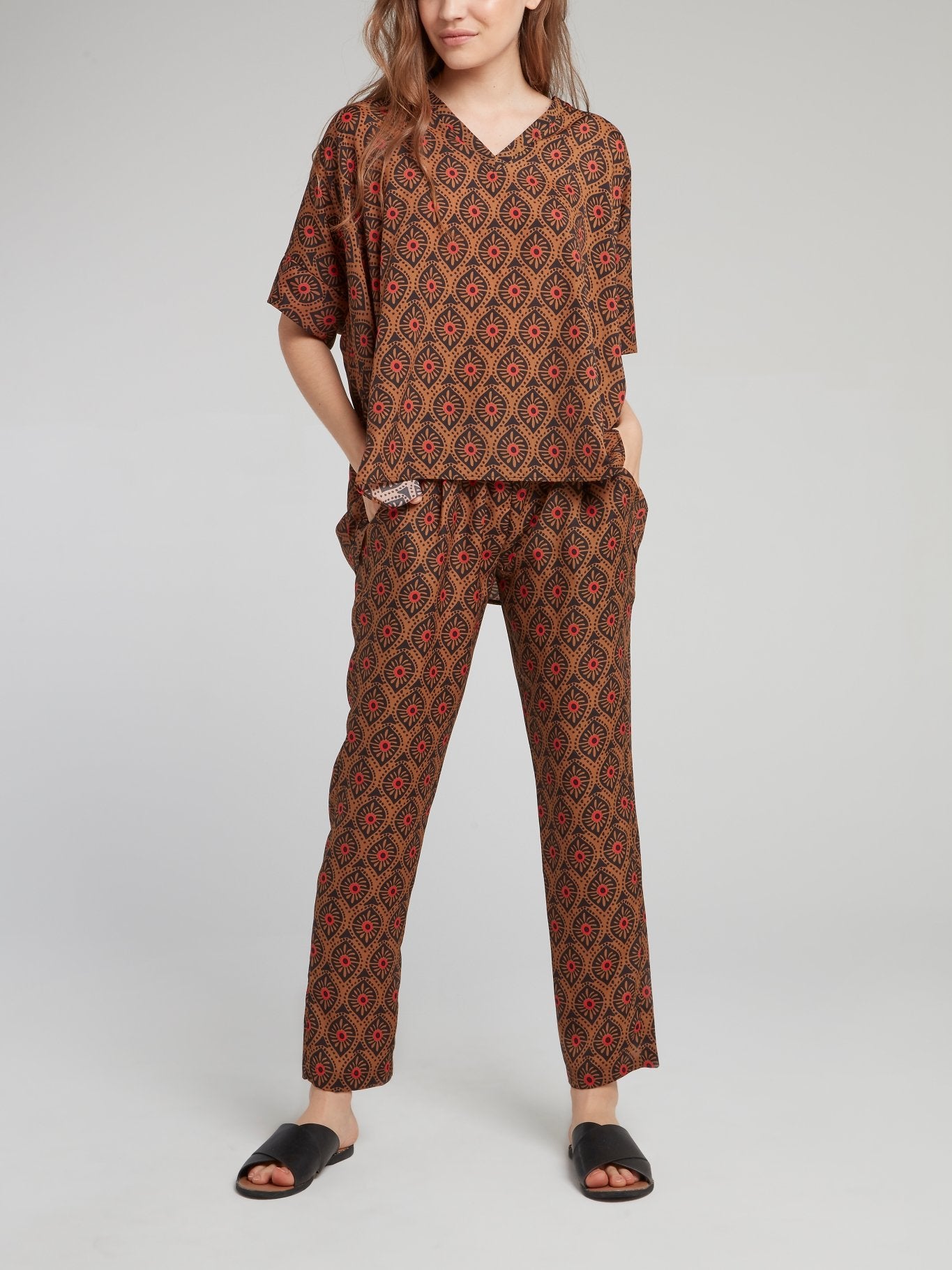 Brown Pattern Cropped Tapered Pants