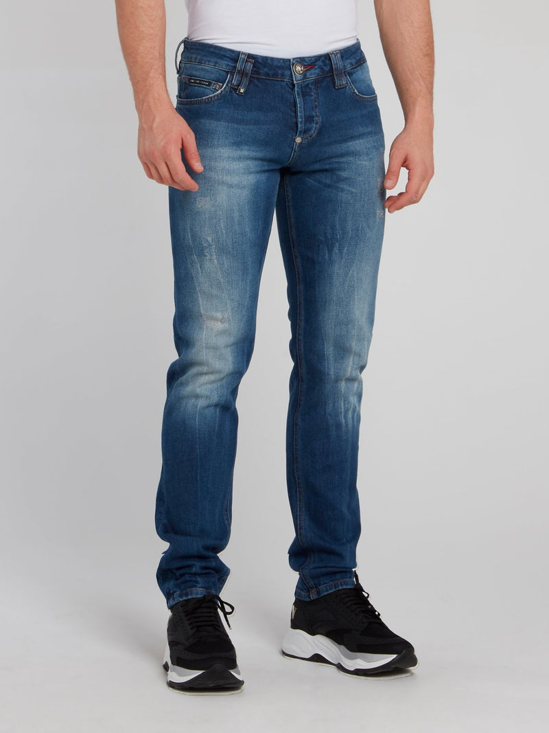 Distressed Straight Cut Denim Jeans