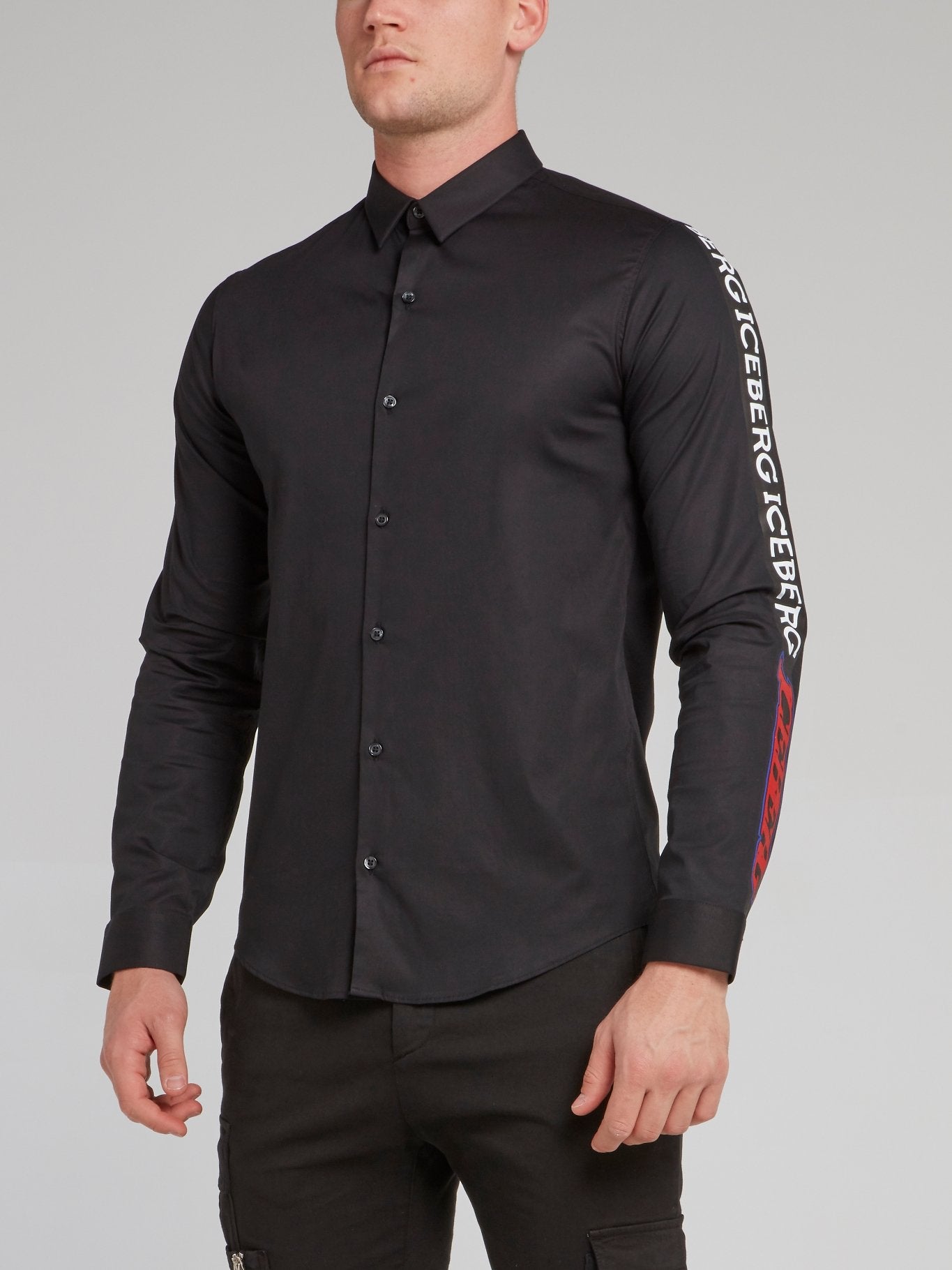 Black Logo Sleeve Button Up Shirt