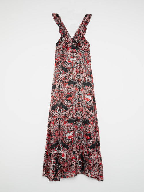 Красное платье-макси с барочным принтом и оборками