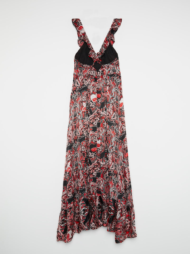 Красное платье-макси с барочным принтом и оборками