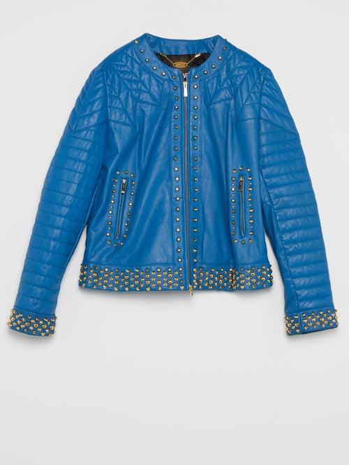 Blue Embellished Leather Jacket