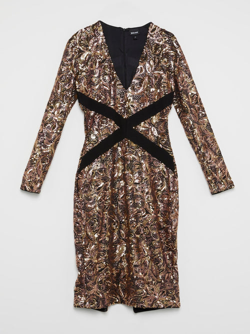 Gold Baroque Sequin Plunge Dress Maison-B-More Global Store Gold Baroque Sequin Plunge Dress Maison-B-More Global Store