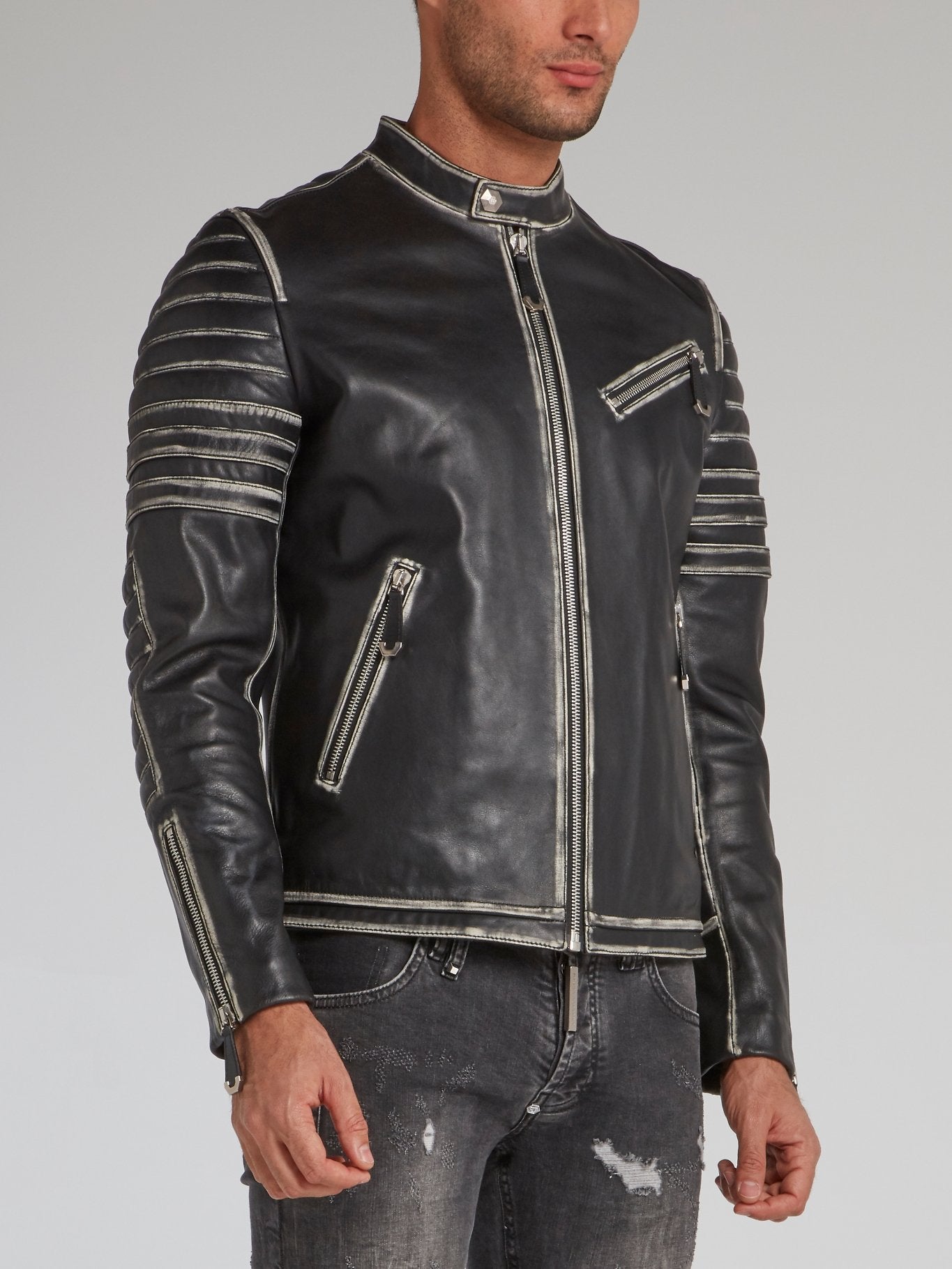 Black Metallic Leather Moto Jacket