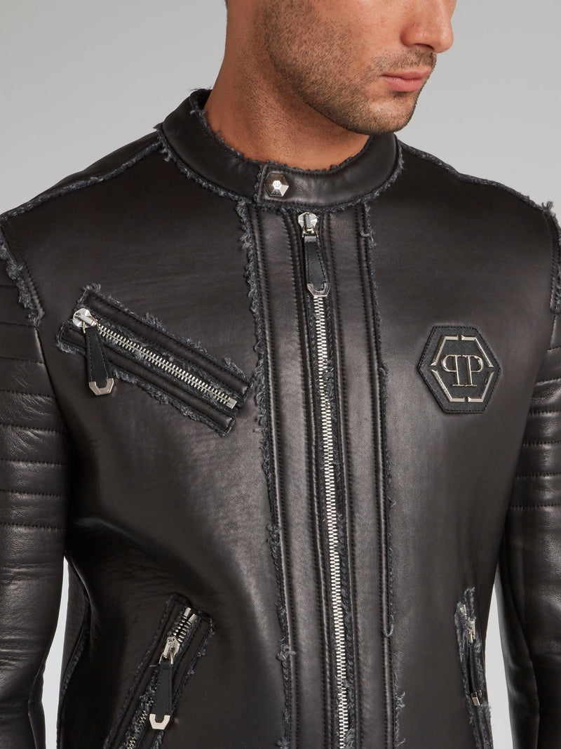 Black Frayed Leather Moto Jacket