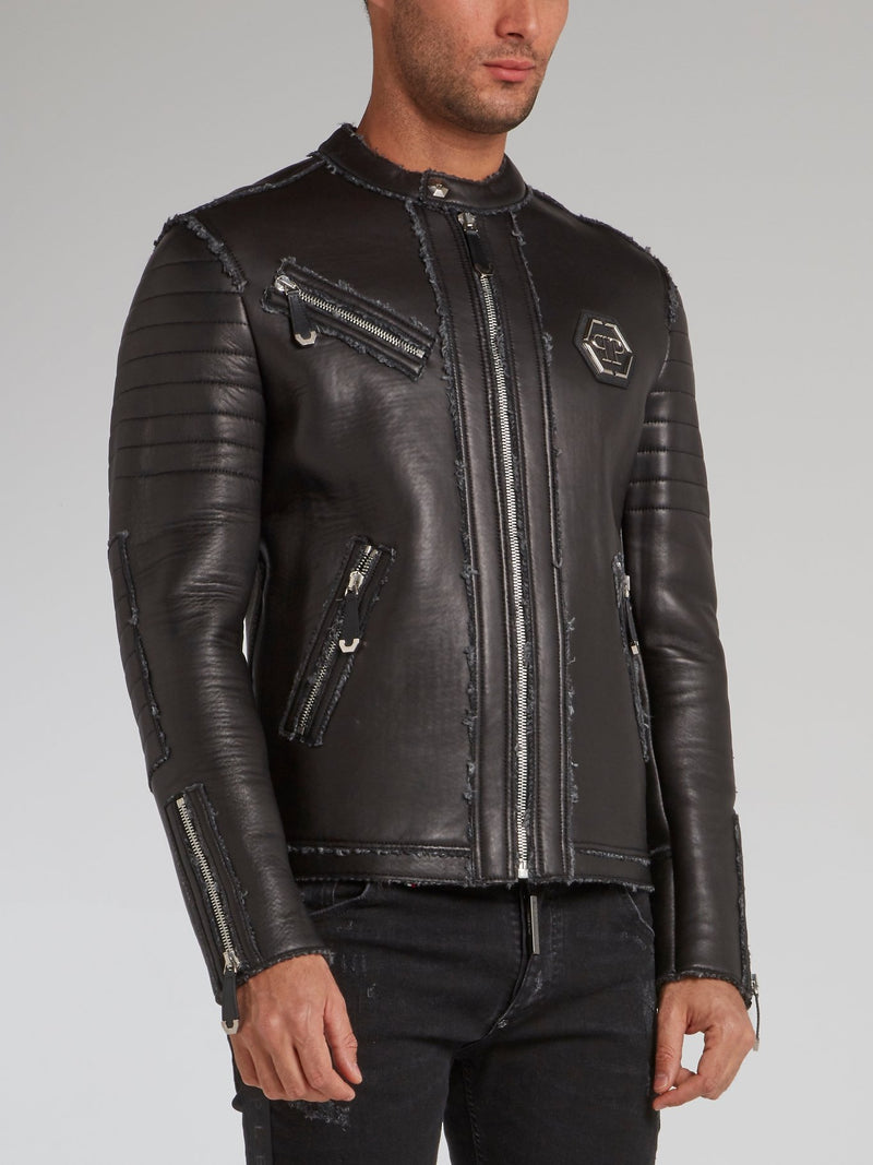 Black Frayed Leather Moto Jacket