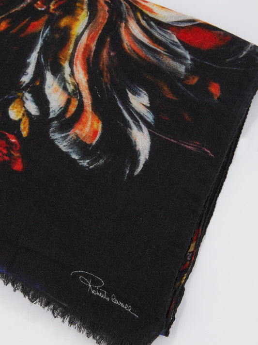 Черный шарф с рисунком и бахромой