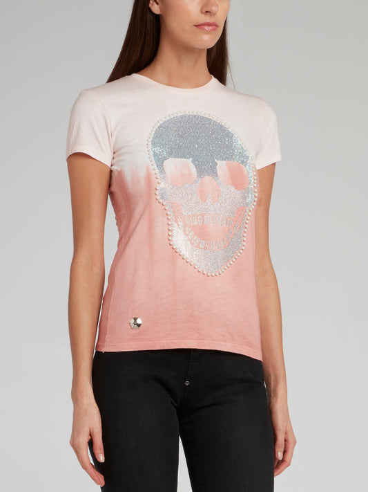 Розовая футболка с отделкой жемчужинами и изображением черепа
