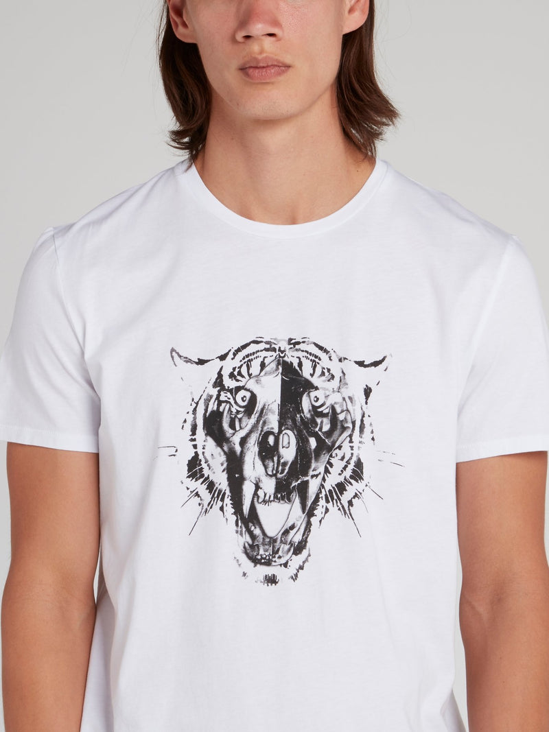 White Leopard Head Cotton T-Shirt