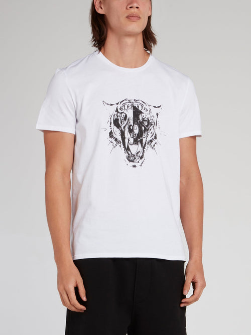 White Leopard Head Cotton T-Shirt