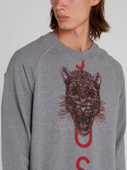 Grey Leopard Head Cotton Sweatshirt