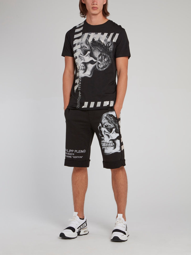 Black Skull Print Studded T-Shirt