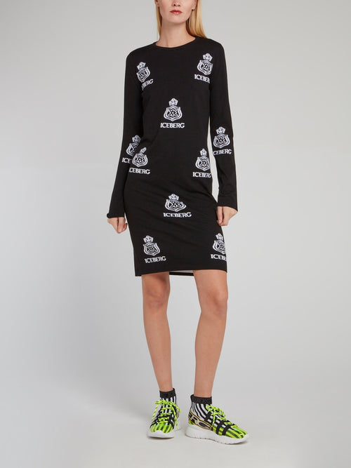 Black Monogram Print Knitted Dress