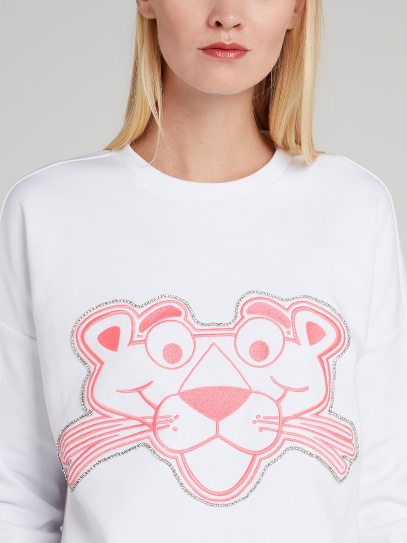 Белый свитшот со стразами и рисунком "Розовая пантера"