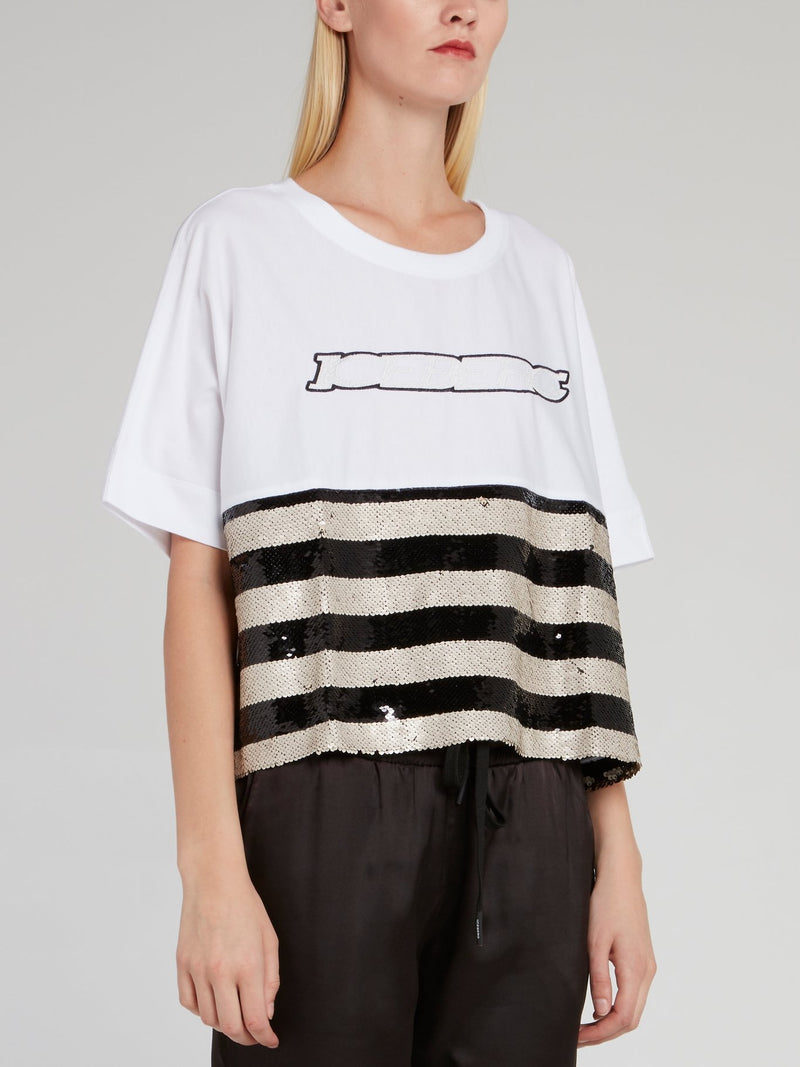 White Sequin Stripe Panel T-Shirt
