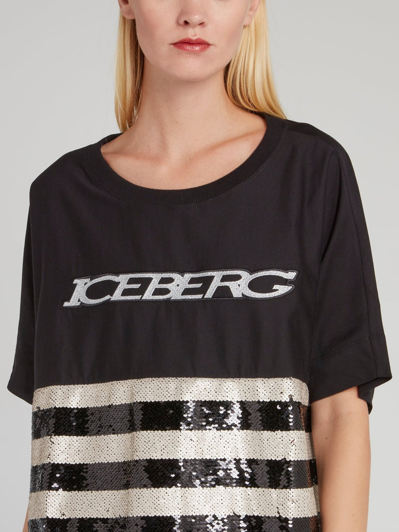 Black Sequin Stripe Panel T-Shirt
