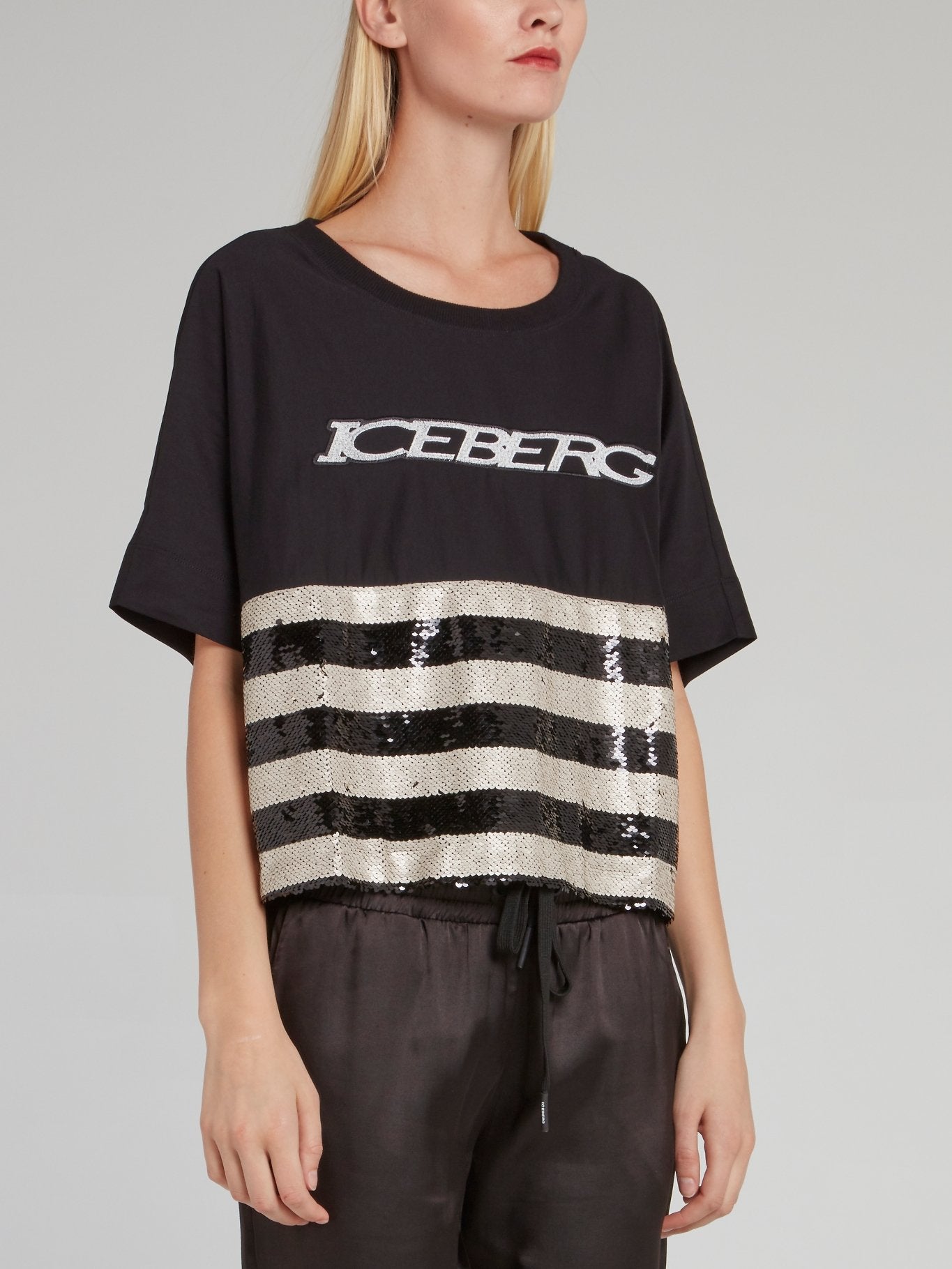 Black Sequin Stripe Panel T-Shirt