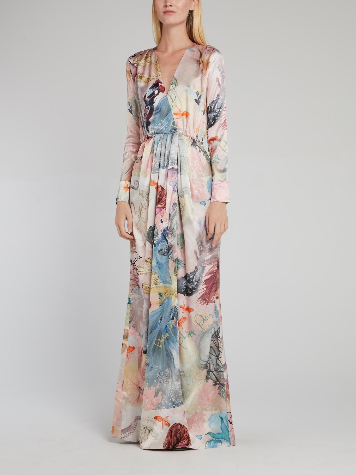 Ocean Print Surplice Silk Dress
