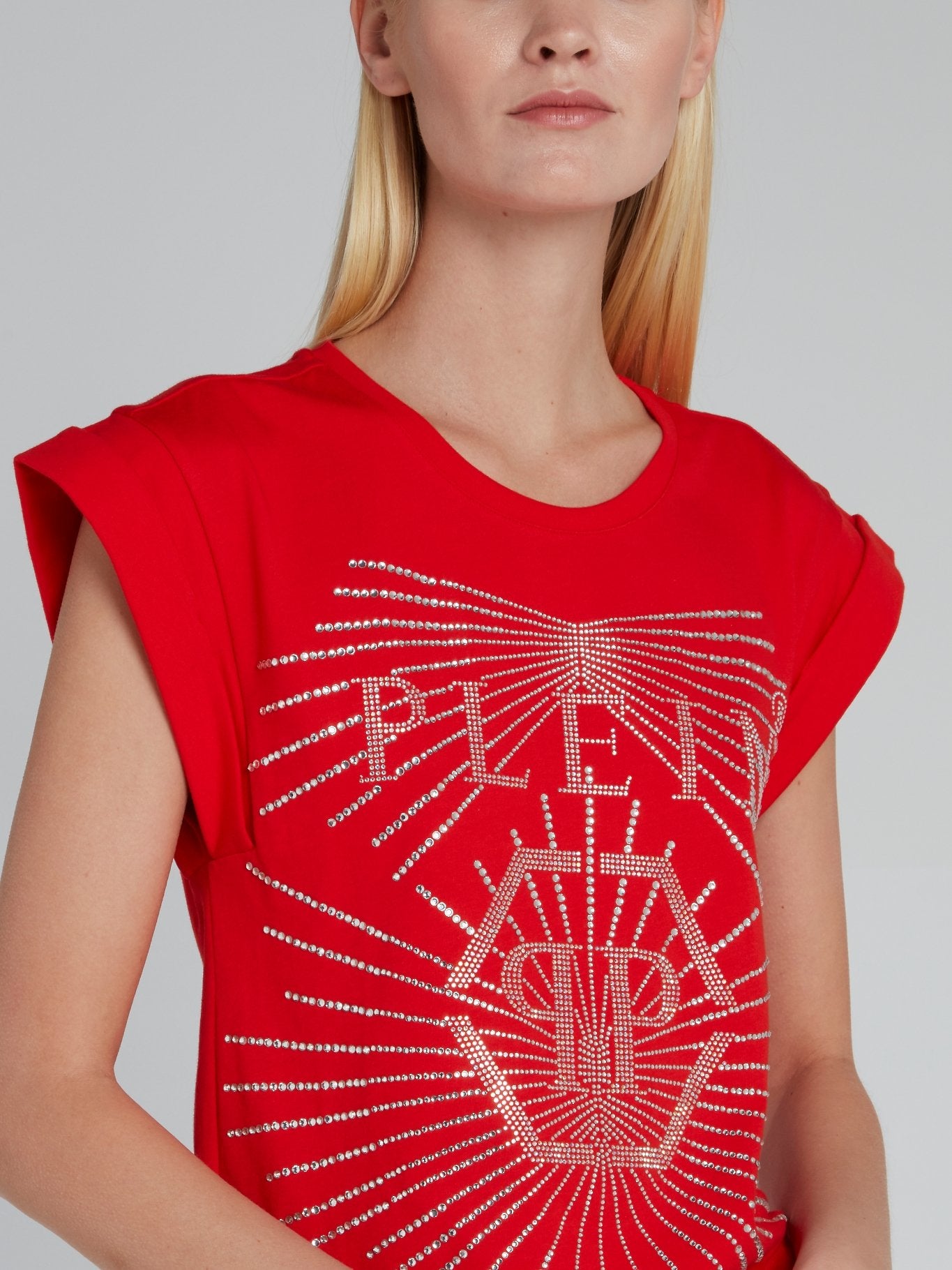 Red Rear Slit Studded Monogram T-Shirt