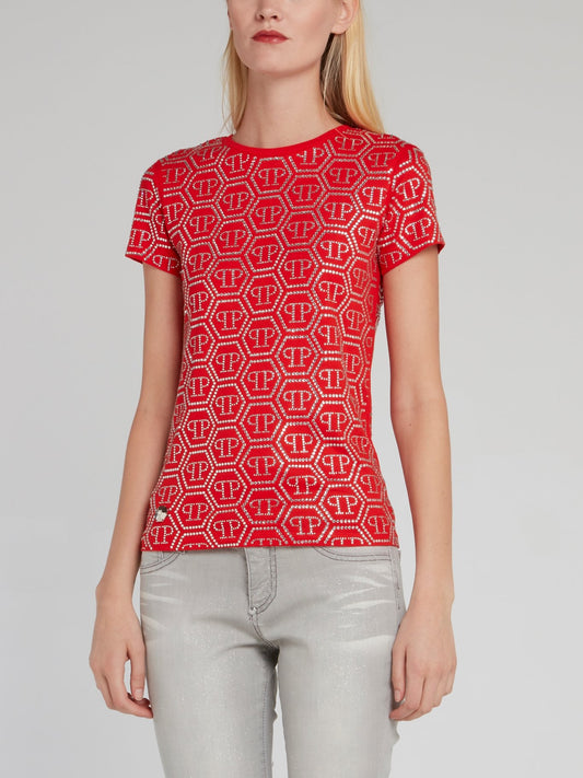Red Crystal Studded Monogram T-Shirt