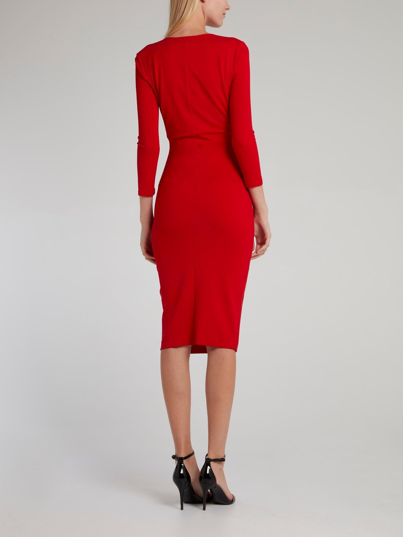 Red Embellished Surplice Midi Dress
