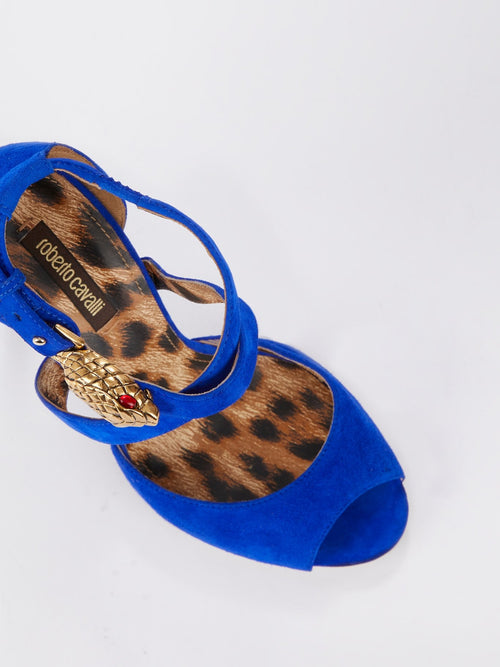 Синие замшевые босоножки со вставками леопардового принта