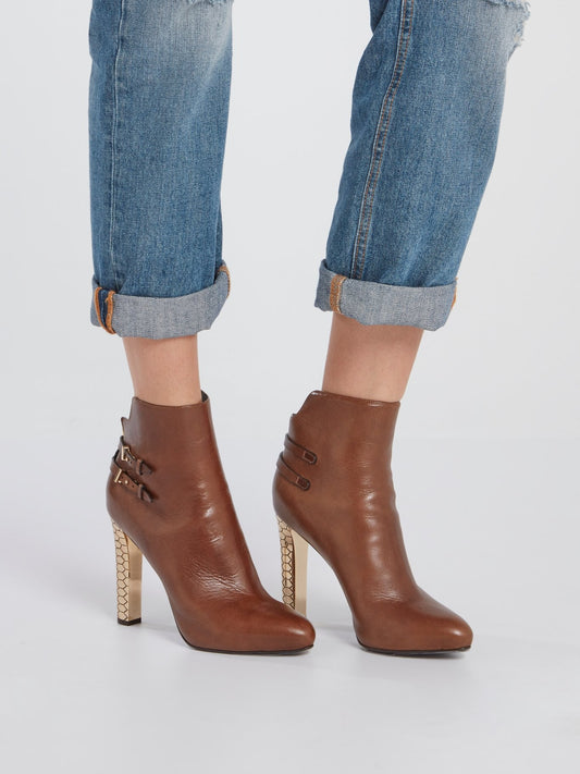 Brown with Gold Heel Leather Ankle Boots