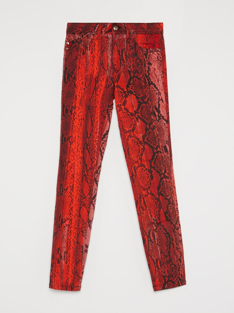 Red Python Print Slim Fit Pants