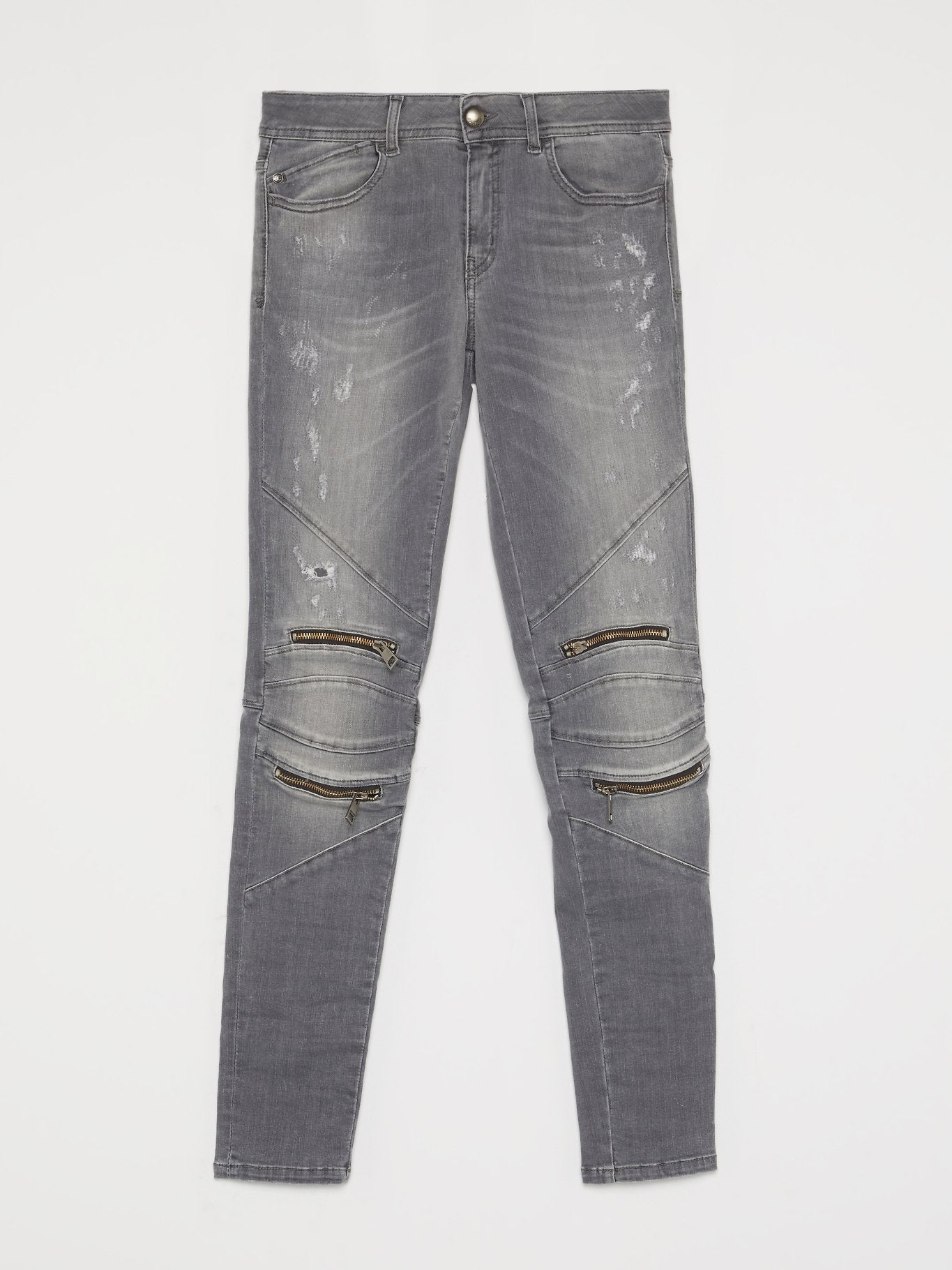 Grey Zip Knee Biker Jeans