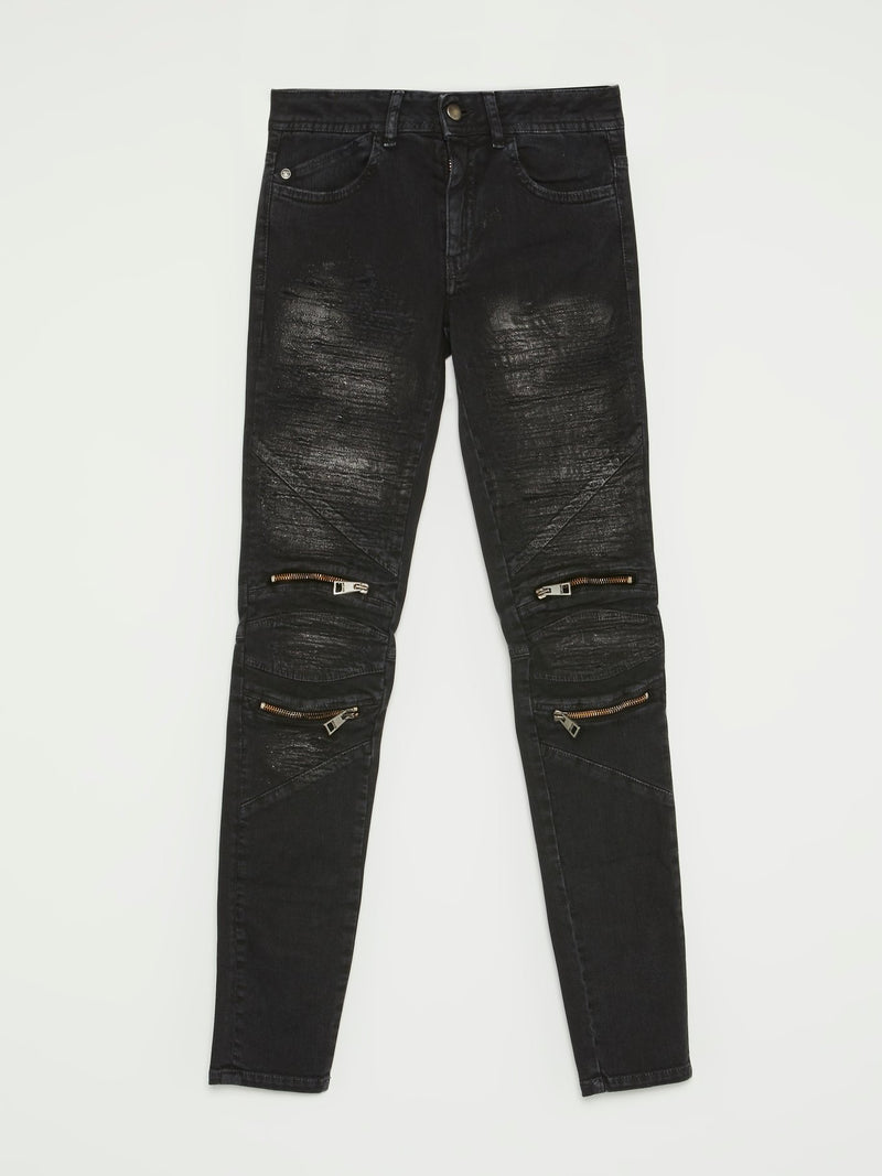 Black Zip Knee Biker Jeans
