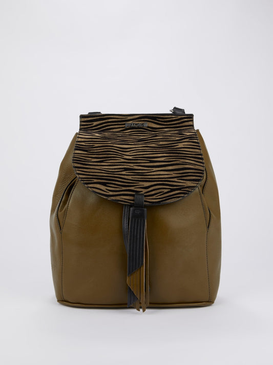 Оливковый маленький кожаный рюкзак с анималистическим принтом