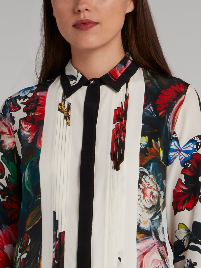 Floral Print Pleated Bib Shirt