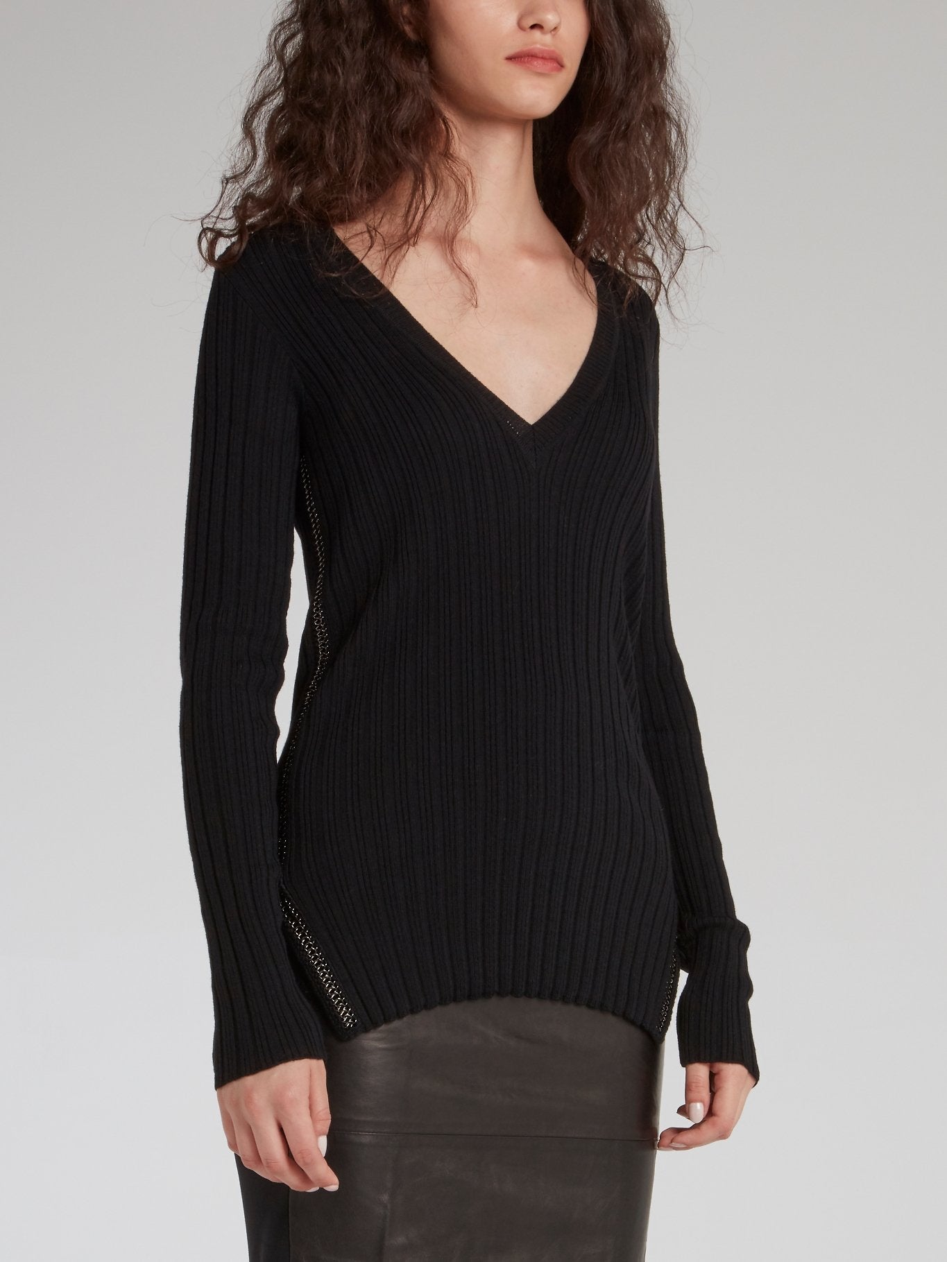 Black V-Neck Ribbed Sweater